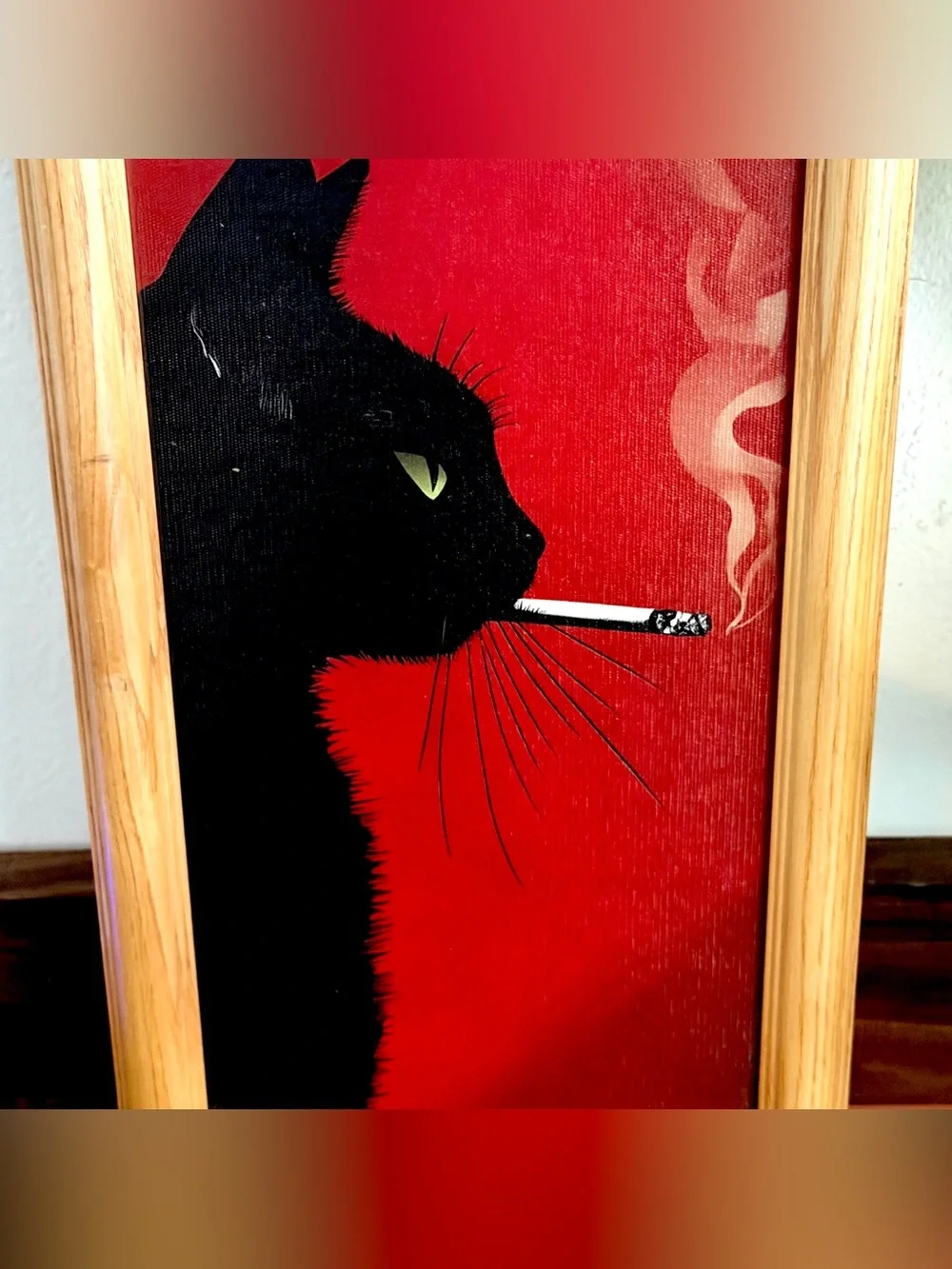 Black Cat Smoking a Cigarette Red Canvas Vintage Wood Framed Wall Hanging Art
